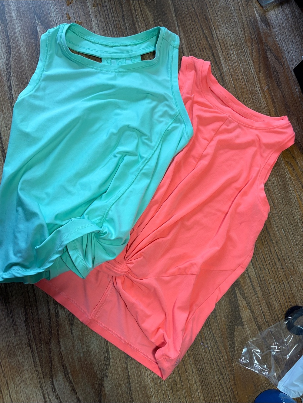DSG Mint Green and Athleta Coral Sleeveless Twist-Front Tank Tops